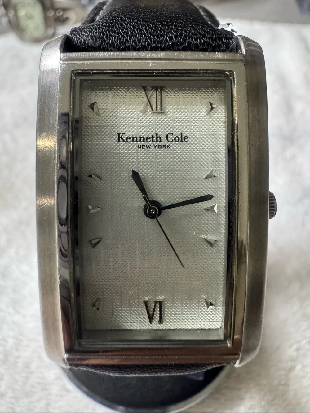 Kenneth Cole Silver Rectangular Case Watch with Black Leather Strap
